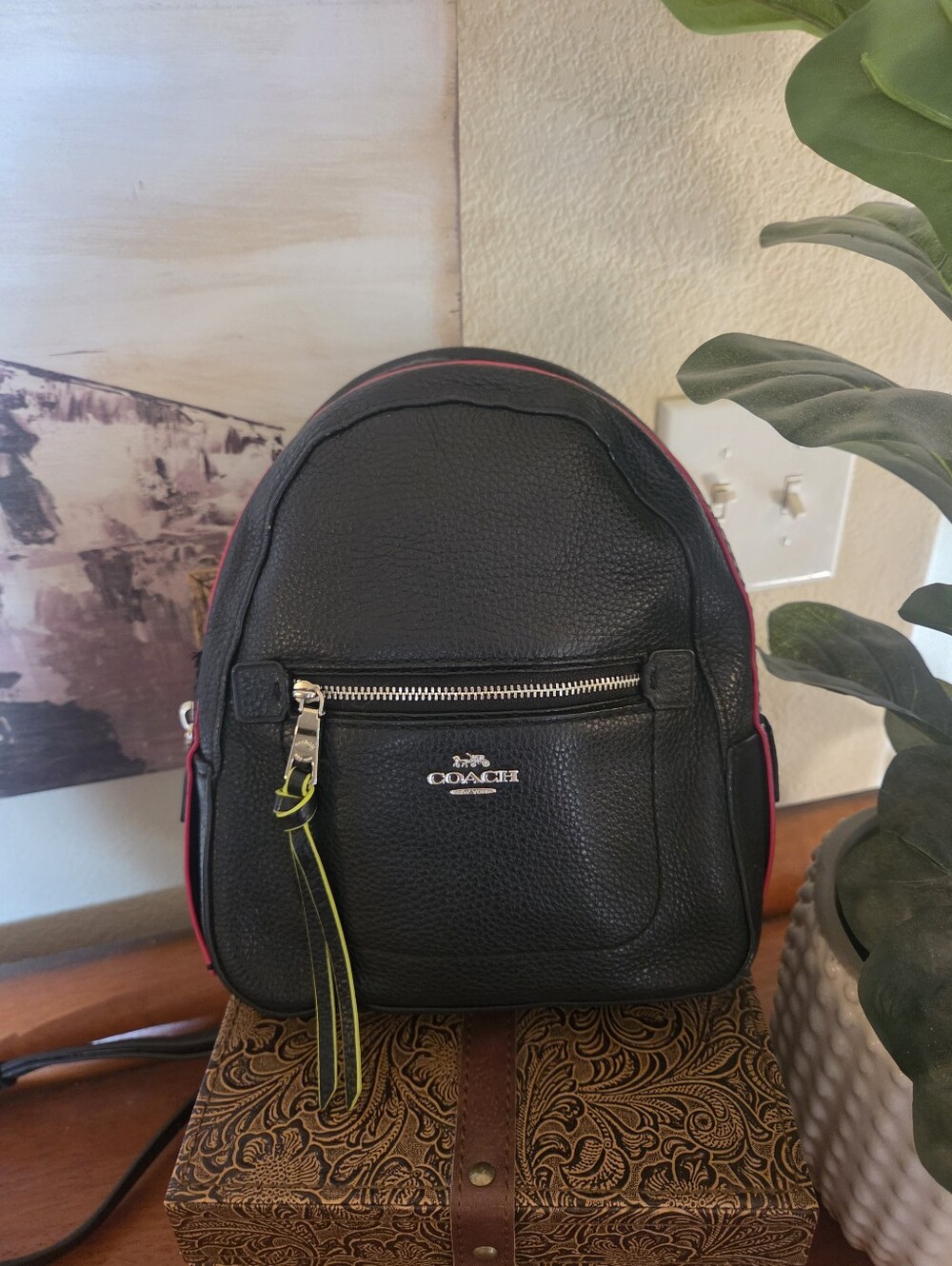 Coach "ANDI" Blk. Pebbled Leather Mini Backpack with Red, Orange, Lime Trim 🍂🍁
